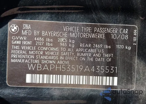 2009 BMW 328I из США, поврежденный, VIN WBAPH53519A435531